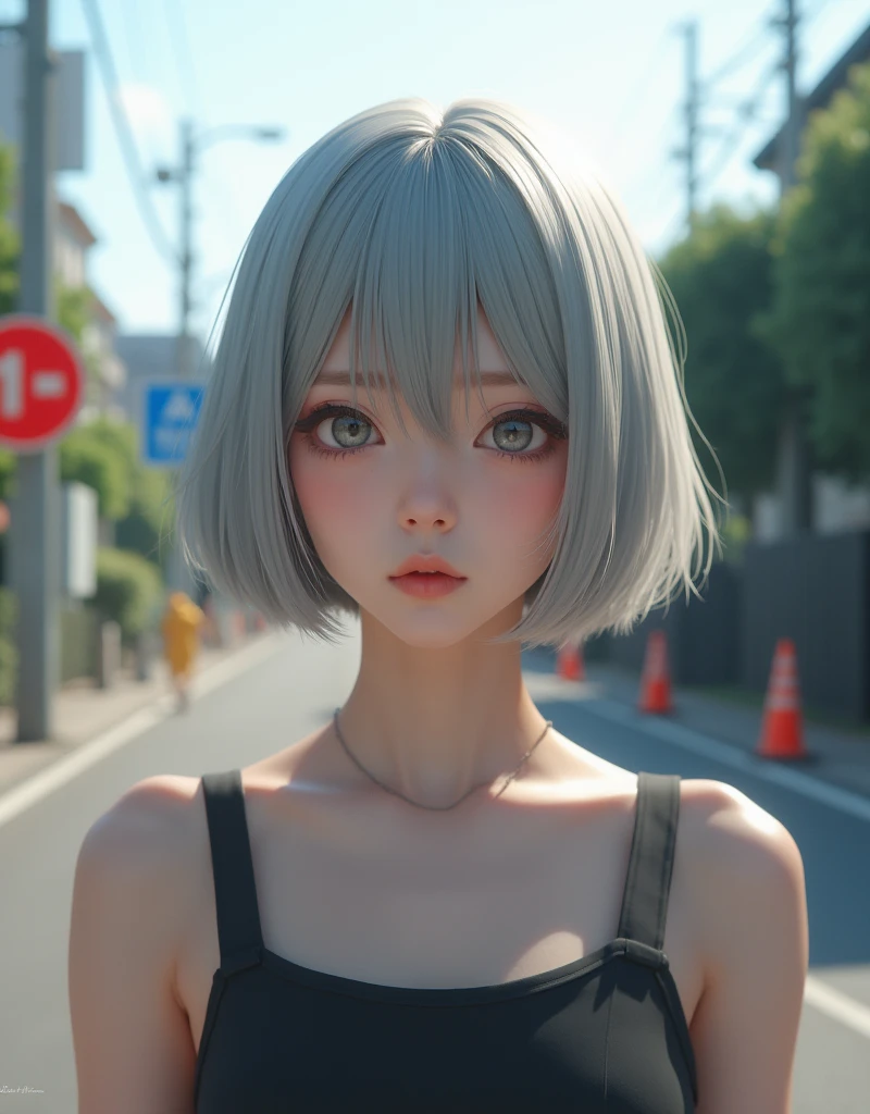 (RAW photo, best quality, masterpiece: 1.2), (photorealistic: 1.4), best lighting, 20 years old, (light gray hair, short bob cut, hair in 7 thirds, hair over one ear, Symmetrical eyes, fair skin, solo, Detailed Skin, Detailed Background:1.2),　taken in a residential area in Japan, road signs, traffic cones, sun, glare, street trees,