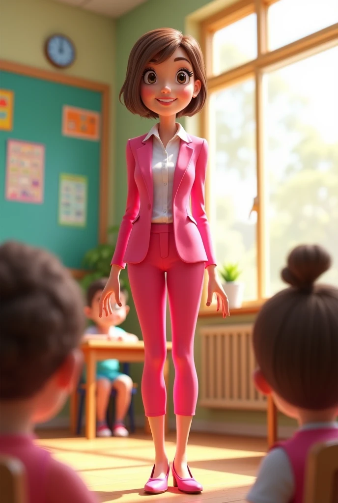 Disney Pixar type image of a tall teacher, slim, white tea, very short light brown hair, big brown eyes, with pink suit and white shirt, pink high heel shoes