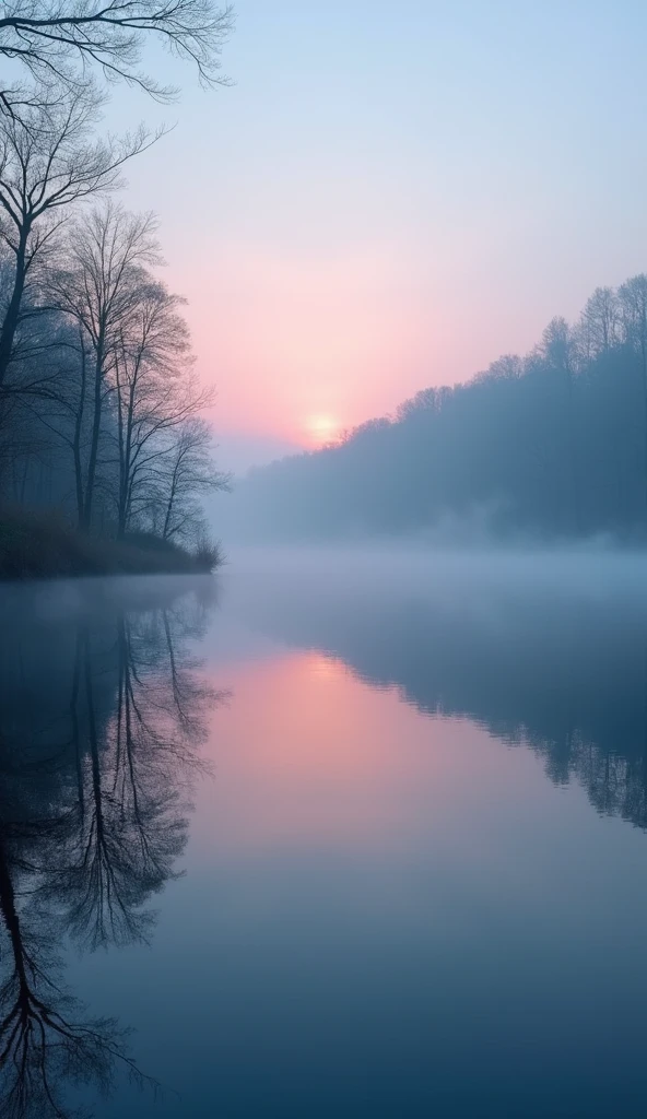 A serene wide-angle view of a lake at dawn, enveloped in a gentle mist. The calm lake surface reflects the soft, pastel colors of the sunrise, with the sky transitioning from dark blues to warm pinks and oranges. The mist creates a dreamy, ethereal atmosphere, and the surrounding landscape is softly illuminated by the first light of the day. The wide-angle perspective captures the expansive beauty of the lake and the tranquil early morning scene.