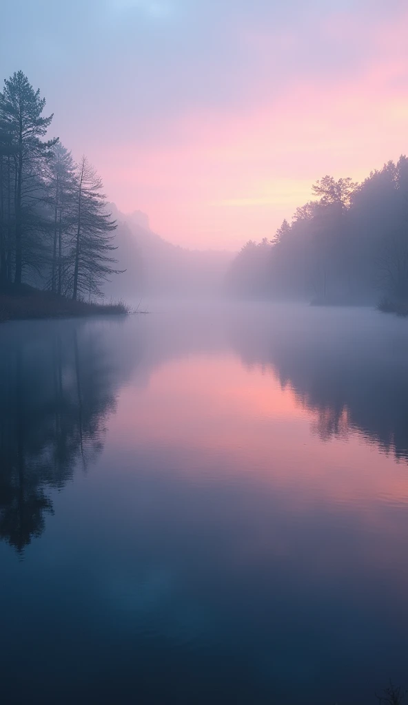 A serene wide-angle view of a lake at dawn, enveloped in a gentle mist. The calm lake surface reflects the soft, pastel colors of the sunrise, with the sky transitioning from dark blues to warm pinks and oranges. The mist creates a dreamy, ethereal atmosphere, and the surrounding landscape is softly illuminated by the first light of the day. The wide-angle perspective captures the expansive beauty of the lake and the tranquil early morning scene.