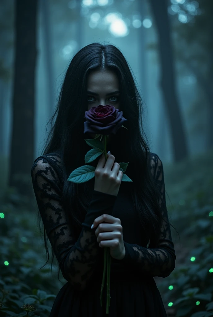 Girl with black rose hiding face