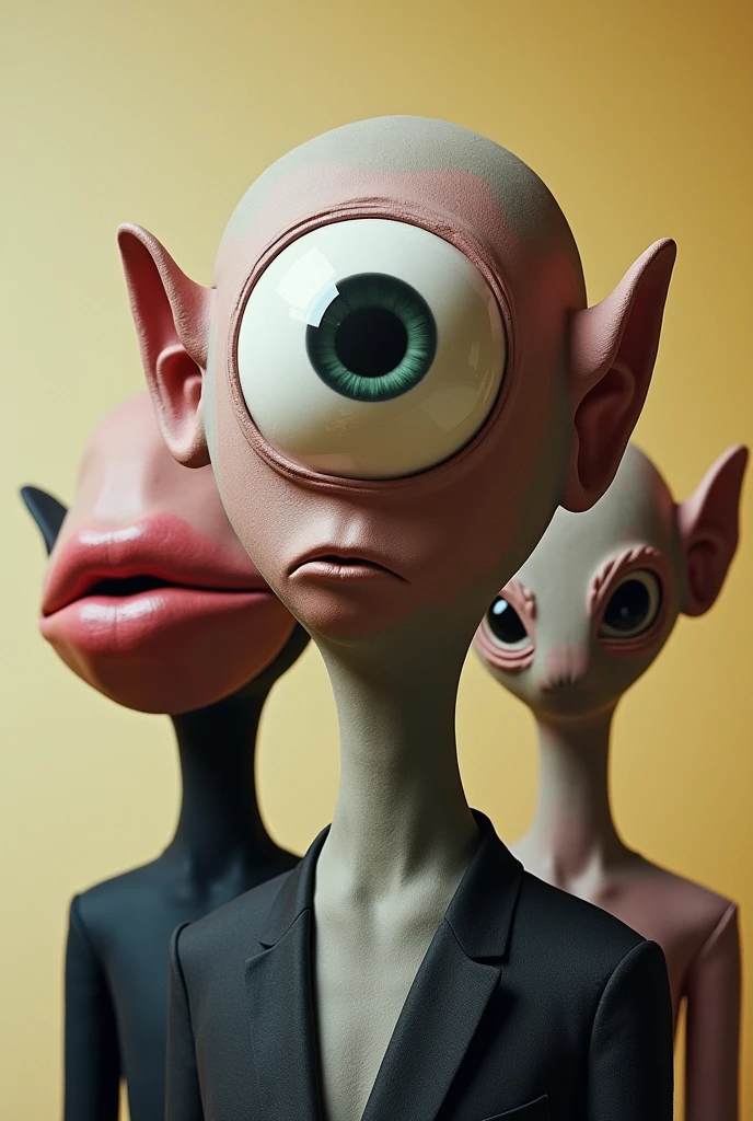 THREE BEINGS, THE FIRST ONE WITH A HEAD WITHOUT EARS, NOSE OR MOUTH, JUST ONE GIANT EYE, THE SECOND WITH A LARGE HEAD WITHOUT EARS WITHOUT NOSE ONLY GIANT LIPS, THE THIRD HEAD WITHOUT EYES WITHOUT LIPS WITHOUT NOSE ONLY WITH A VERY LARGE EAR WITH A SURREALIST AND MUSEUM ART TONE, BUST STYLE


