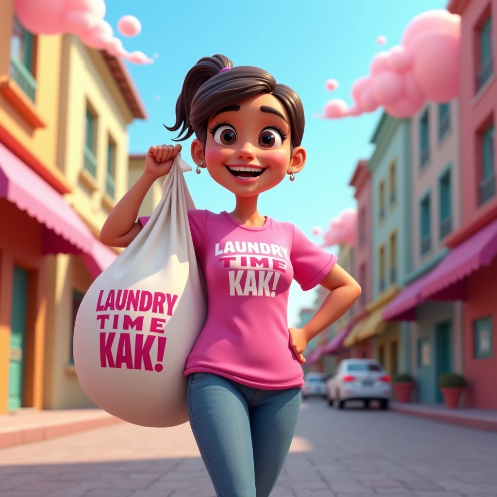 3D cartoon, HD, a woman as a laundry courier, wearing a pink shirt, carrying a laundry bag with title MISTER LONDRE , says "LAUNDRY TIME KAK" , no logo in caps