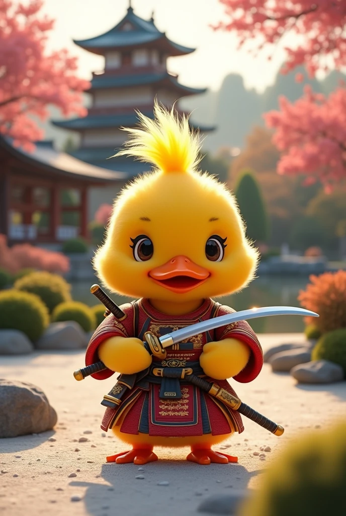 Yellow soft fur duck with pony tail hair wearing gold and red samurai costume holding japanese sword, zen garden background with japanese castle