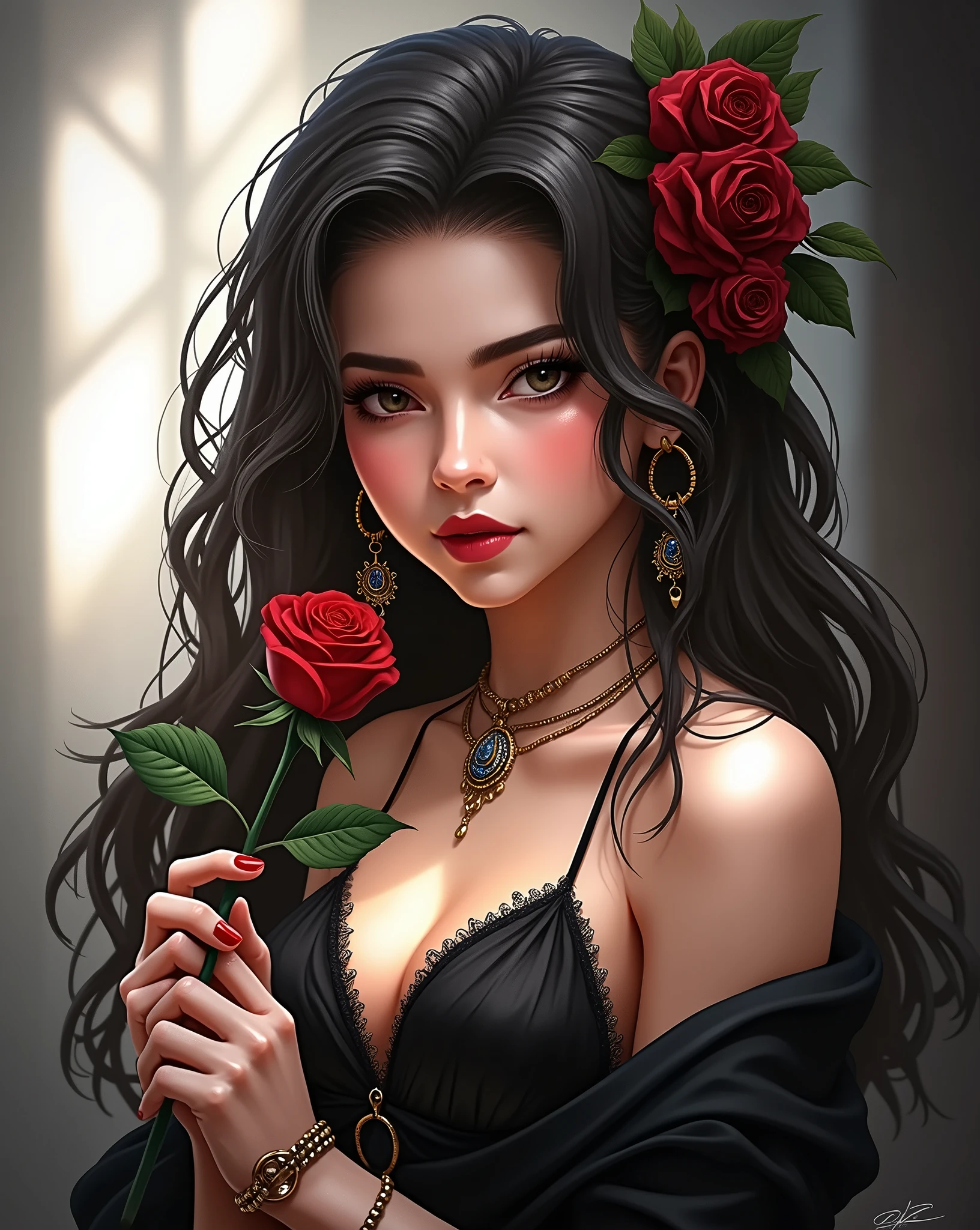  the description should focus on the woman's appearance, her accessories, the rose she holds, and the background elements that contribute to the overall atmosphere of the image. The description should be objective and focus solely on what is visible in the image without inferring any narrative or context beyond what is presented.
