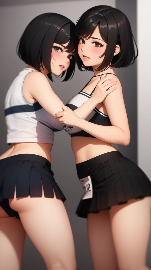 2 cute Latina cheerleaders with short black hair, short skirt,  in panties kissing each other very sensually grabbing each other&#39;s hips in a well-lit room