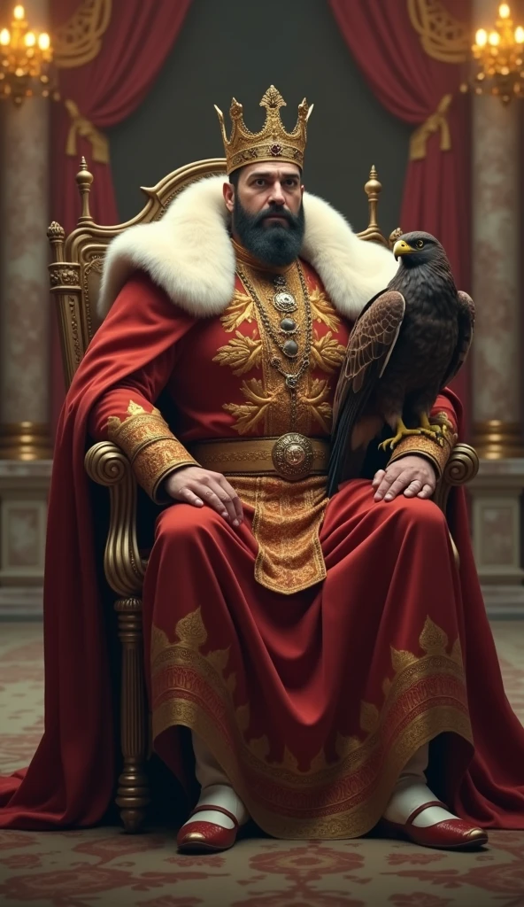 Imposing, strong, and handsome emperor with European features wearing a crown and holding a scepter sitting on a throne with a falcon.