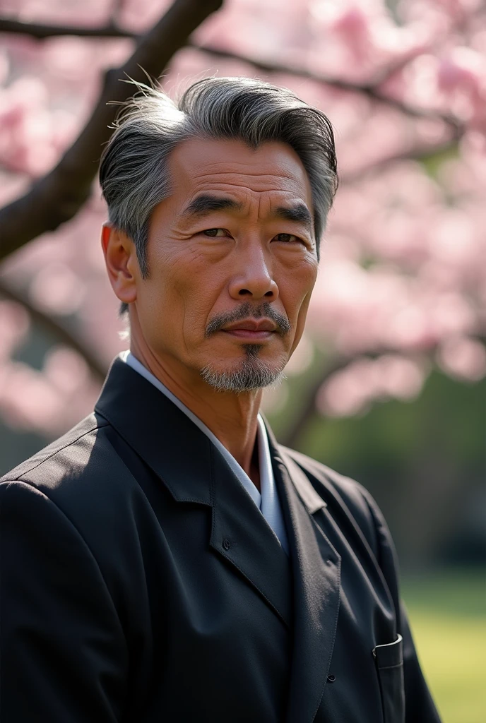 A 45-year-old Japanese man with thick eyebrows and long eyes, giving him a fox-like face.