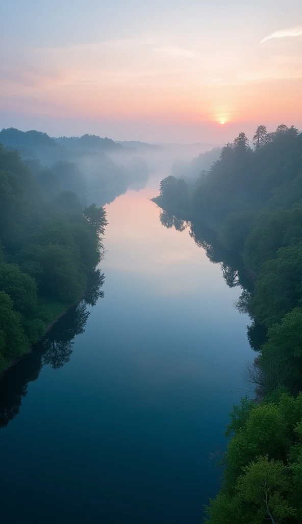 An overhead view of a lake at dawn, shrouded in a light mist. The lake’s surface reflects the delicate hues of the sunrise, with the sky painted in soft shades of pink, orange, and blue. The mist gently covers the lake, creating a serene and otherworldly atmosphere. From this elevated perspective, the full extent of the lake and its tranquil surroundings are visible, showcasing the peaceful beauty of the early morning light.