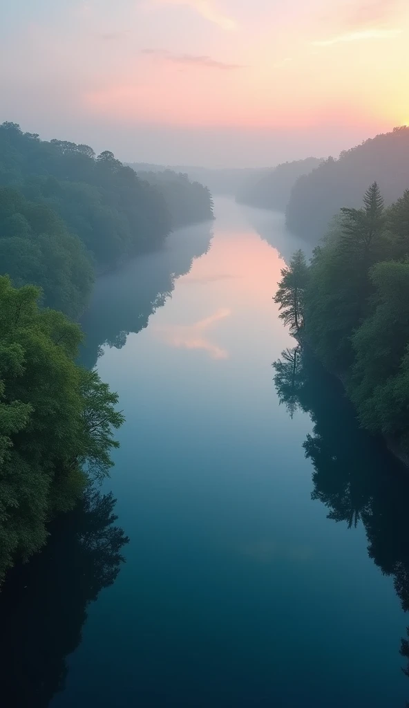An overhead view of a lake at dawn, shrouded in a light mist. The lake’s surface reflects the delicate hues of the sunrise, with the sky painted in soft shades of pink, orange, and blue. The mist gently covers the lake, creating a serene and otherworldly atmosphere. From this elevated perspective, the full extent of the lake and its tranquil surroundings are visible, showcasing the peaceful beauty of the early morning light.