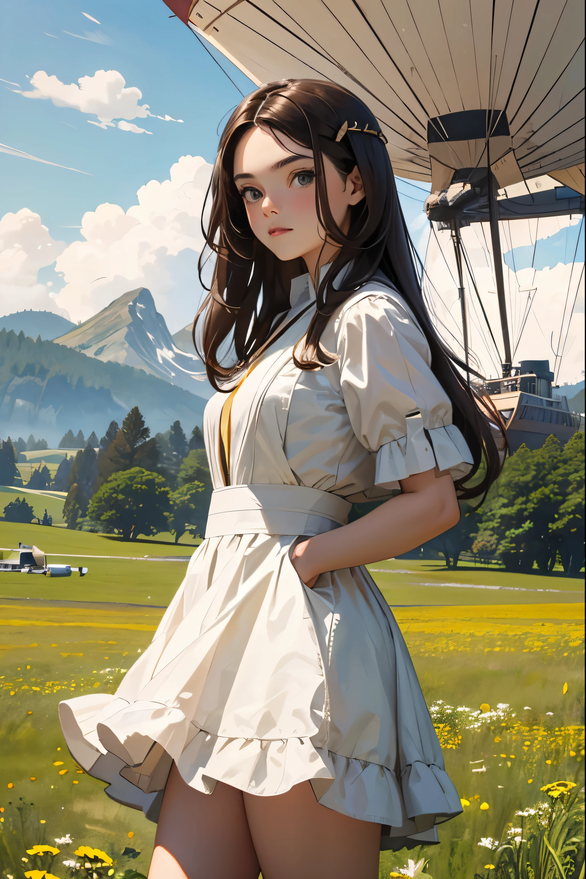 Master piece, 18 years old, young girl, Dark Brown Long hair, posing in front of full view of airship floating. meadow with mountain background.