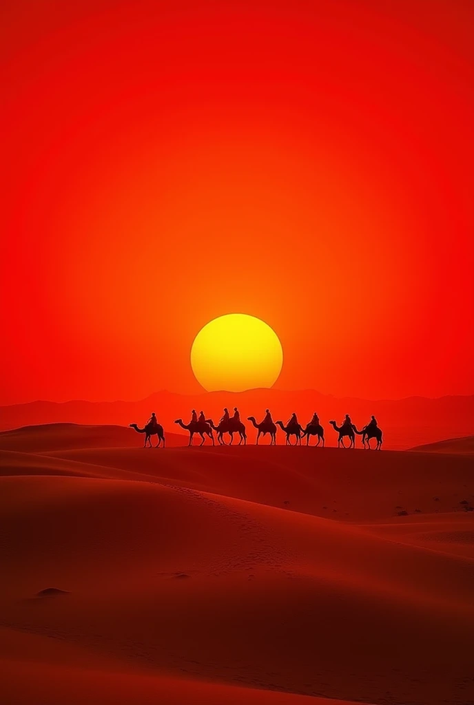 Bright red sunset in the sand desert and backlit by a silhouette of a caravan of nomads on camels in the foreground with a perspective from bottom to top