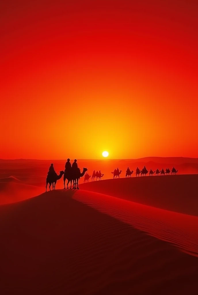 Bright red sunset in the sand desert and backlit by a silhouette of a caravan of nomads on camels in the foreground with a perspective from bottom to top