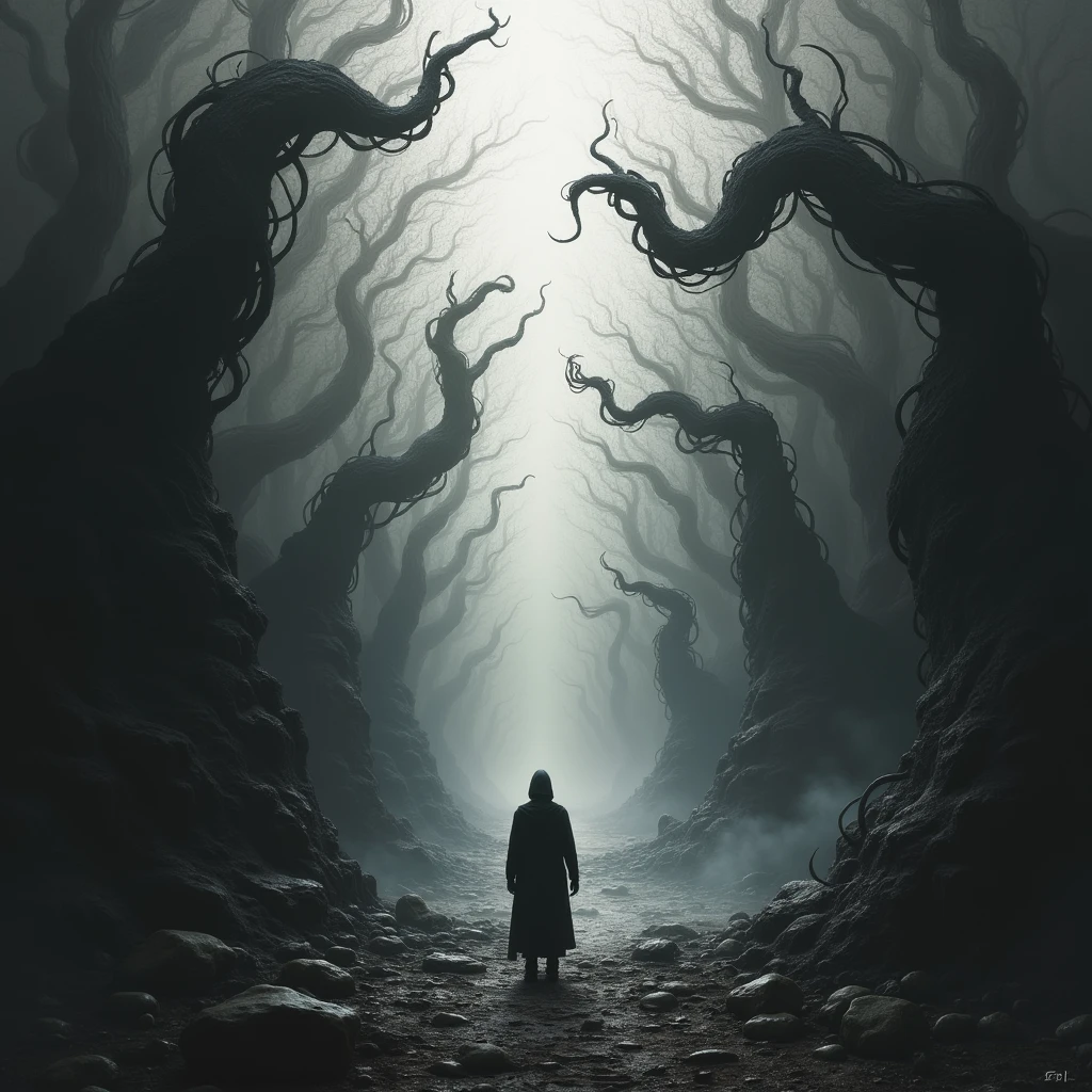 A dark and surreal landscape with a single figure standing in the foreground. The figure is facing away, looking towards an endless, winding path made up of intricate, wavy lines that resemble flowing, ghostly tendrils. The background is filled with abstract, ominous shapes and patterns, all in shades of black, white, and gray. The atmosphere is eerie and otherworldly, evoking a sense of infinite fear and mystery. The scene is devoid of color, emphasizing the stark contrast between light and shadow.