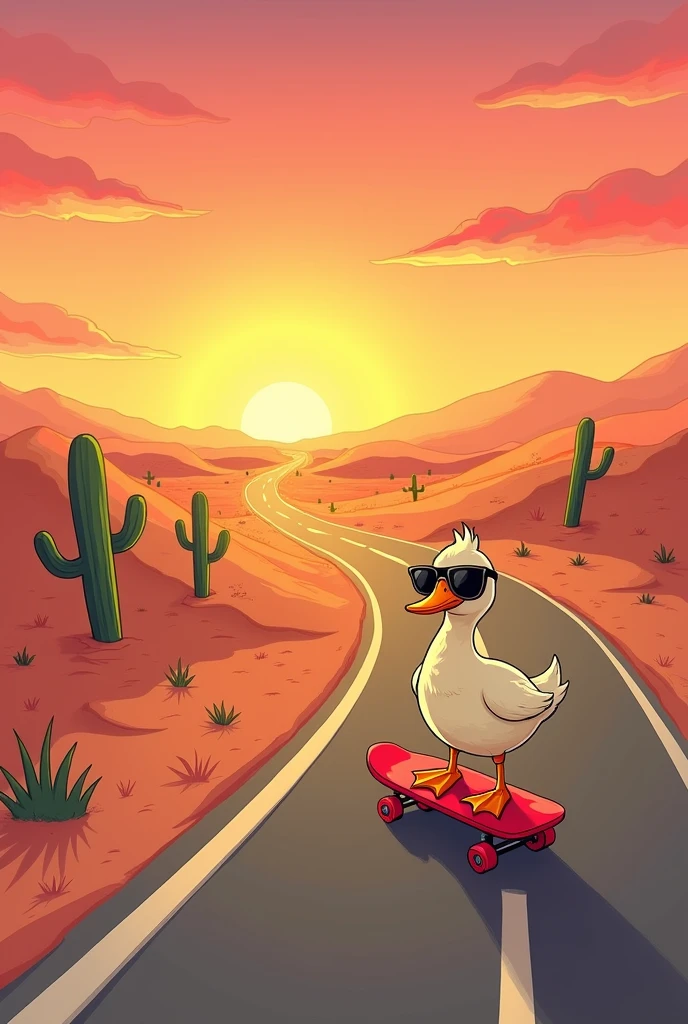 Create an image of a desert landscape with a road in a side way, simple drawing, that has a duck on a skateboard with sunglasses