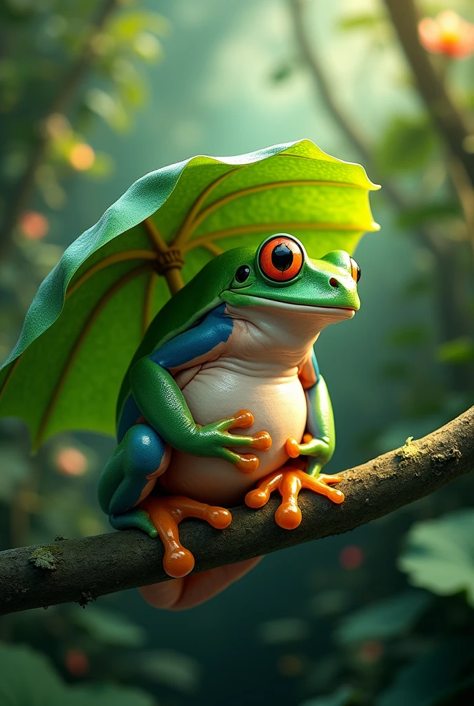 On a branch in the rainforest,A fat green tree frog,Ultra-realistic,high resolution,Standing with a lotus leaf umbrella,