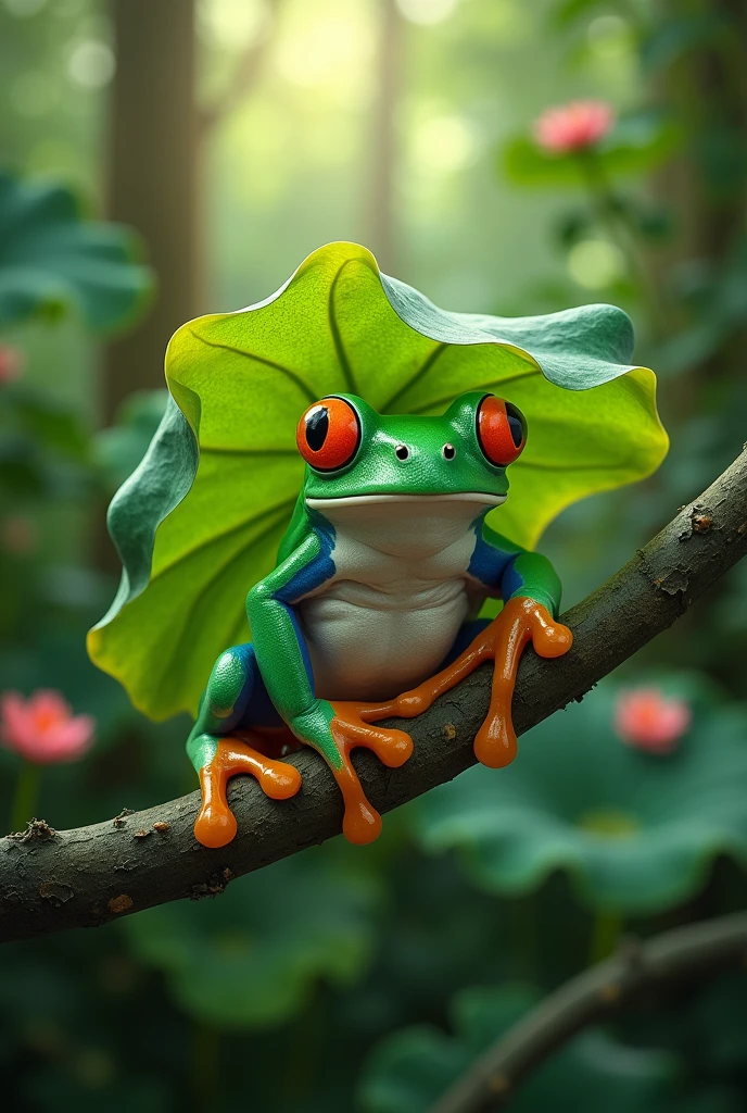 On a branch in the rainforest，A fat green tree frog，Ultra-realistic，high resolution，Standing with a lotus leaf umbrella，
