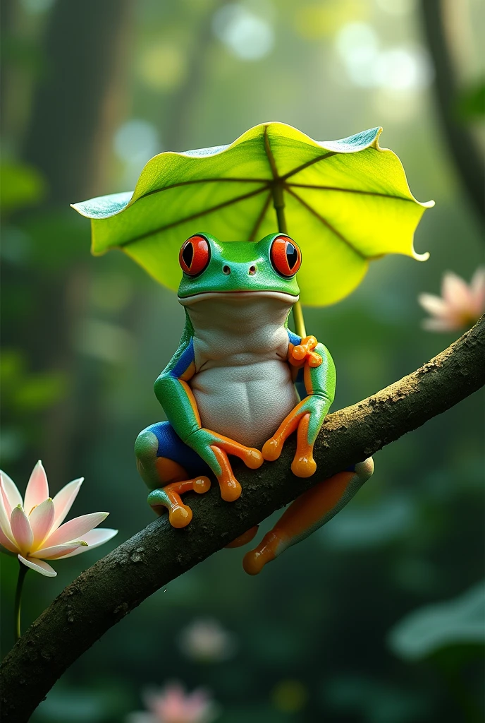 On a branch in the rainforest,A fat green tree frog,Ultra-realistic,high resolution,Standing with a lotus leaf umbrella,