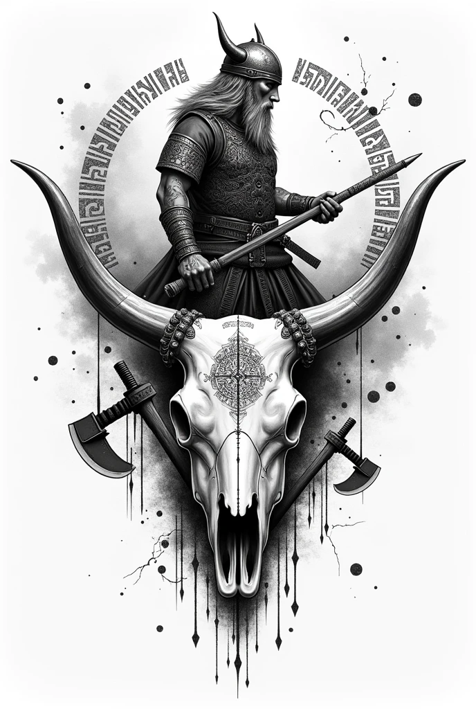 Create a black and white pointillism tattoo of a Viking cow skull with a Viking warrior in pointillism with runes and medieval weapons