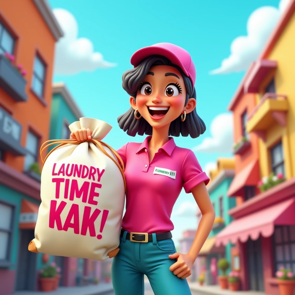 3D cartoon, HD, a woman as a laundry courier, wearing a pink shirt, carrying a laundry bag with title MISTER LONDRE , says "LAUNDRY TIME KAK" , no logo in caps