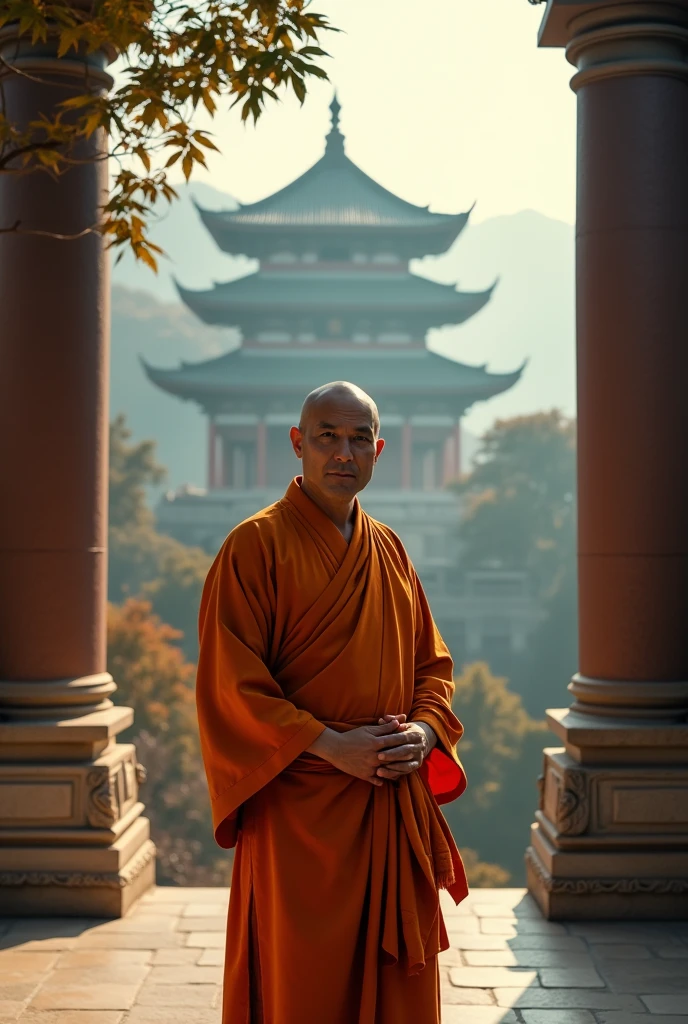 etailed photo of a temple monk,man, full body, cinematic lighting, 8K, realistic, highly detailed architectural elements, ancient Chinese culture, intricate carving details, sense of design, warm colors, natural light, serene atmosphere, dramatic shadows, expansive panoramic views, culture of the Shaolin Temple, temple,trees, face front,close-up