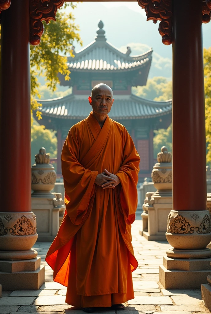 etailed photo of a temple monk,man, full body, cinematic lighting, 8K, realistic, highly detailed architectural elements, ancient Chinese culture, intricate carving details, sense of design, warm colors, natural light, serene atmosphere, dramatic shadows, expansive panoramic views, culture of the Shaolin Temple, temple,trees, face front,close-up