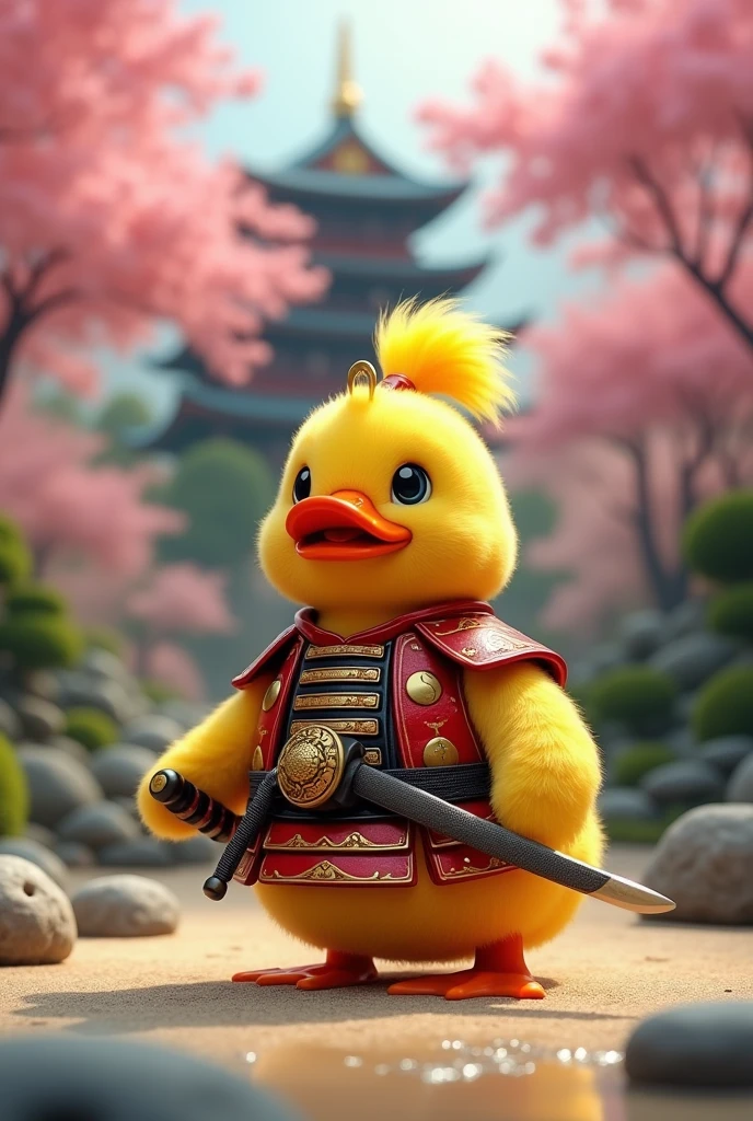 Yellow soft fur duck with pony tail hair wearing gold and red samurai costume holding japanese sword, zen garden background with japanese castle