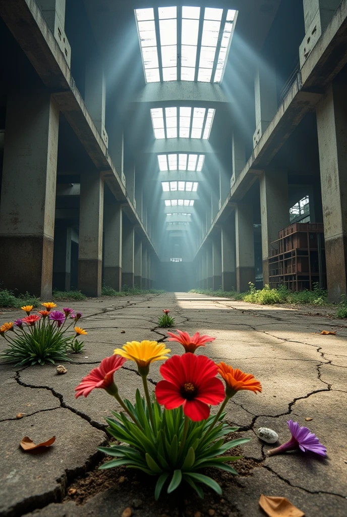 An empty warehouse where flowers begin to bloom from the concrete