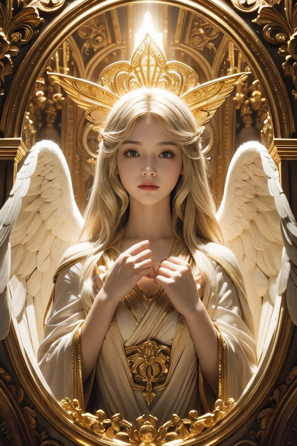 Please create an image of a mysterious and enigmatic angel. This angel should be bathed in an ethereal, radiant light that exudes an aura of celestial mystery and wonder. The angel's pose, setting, and appearance can all contribute to the sense of mystique. Push the boundaries of color, luminosity, and intricate detailing to craft an image that captivates the viewer's imagination and conveys the angel as a divine enigma. Your artistic skills are crucial in bringing this enigmatic angelic vision to life