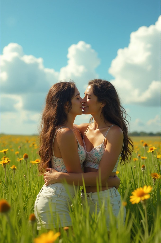 Two girls having sex in a green plain and a blue sky