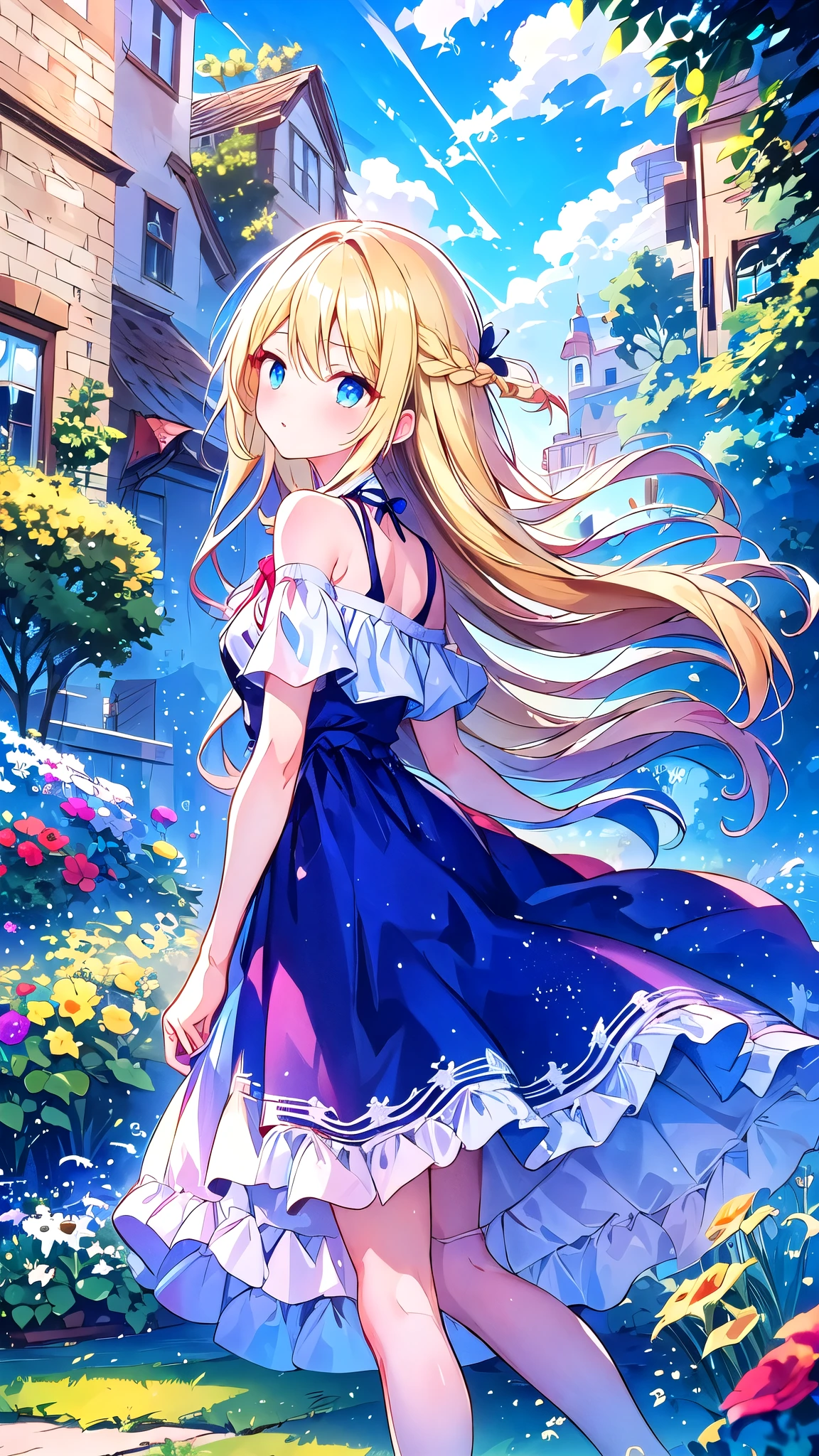 cute, Open shoulder, Lace skirt, Blonde, From the side, Long Hair, look up, Disheveled Hair, window, curtain, sunlight, Shiny Hair, blue eyes, Curie, garden, Are standing