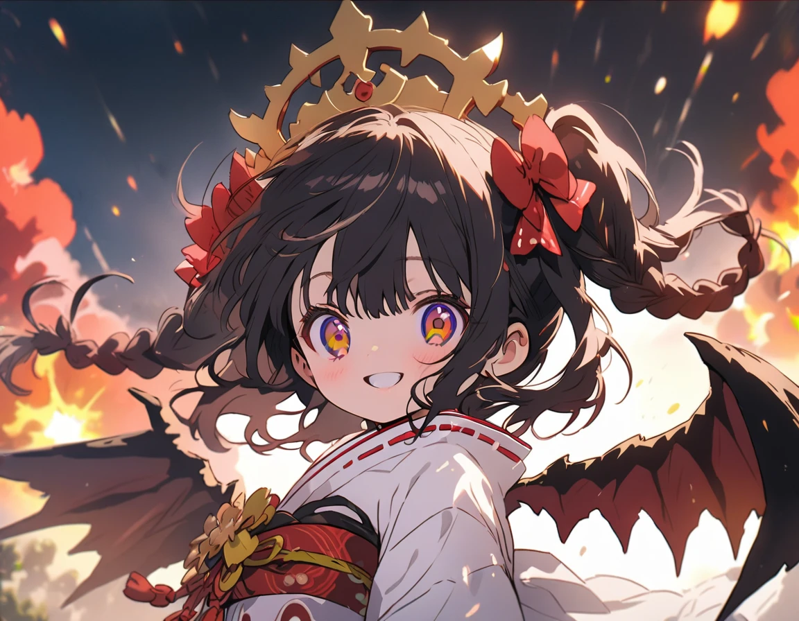 masterpiece, best quality, insanely detailed, exquisite, beautiful, Full-HD, 16K, female child, empress, blissful, grinning, standing, looking at viewer, very long hair, two side up, hair between eyes, french braids, hime cut, bangs pinned back, shiny hair, black hair, golden eyes, with irises, with cross-shaped irises, with sparkling eyes, with star-shaped irises, big eyes, slant eyes, tsurime, wide-eyed, with crazy eyes, wheatish skin, shiny skin, detailed skin, short, slim, miko, crown, with antlers, with bat wings, cute face, delicate facial features, toned, 10-year-old, red background, on the mountain, with a big explosion in the background, kawaii, cute, metaphysical, anime, cel anime, cowboy shot, front view, from front, dynamic angle, wide view, wide shot, cowboy shot, golden ratio, framing composition, best light, in focus with blurred background, red