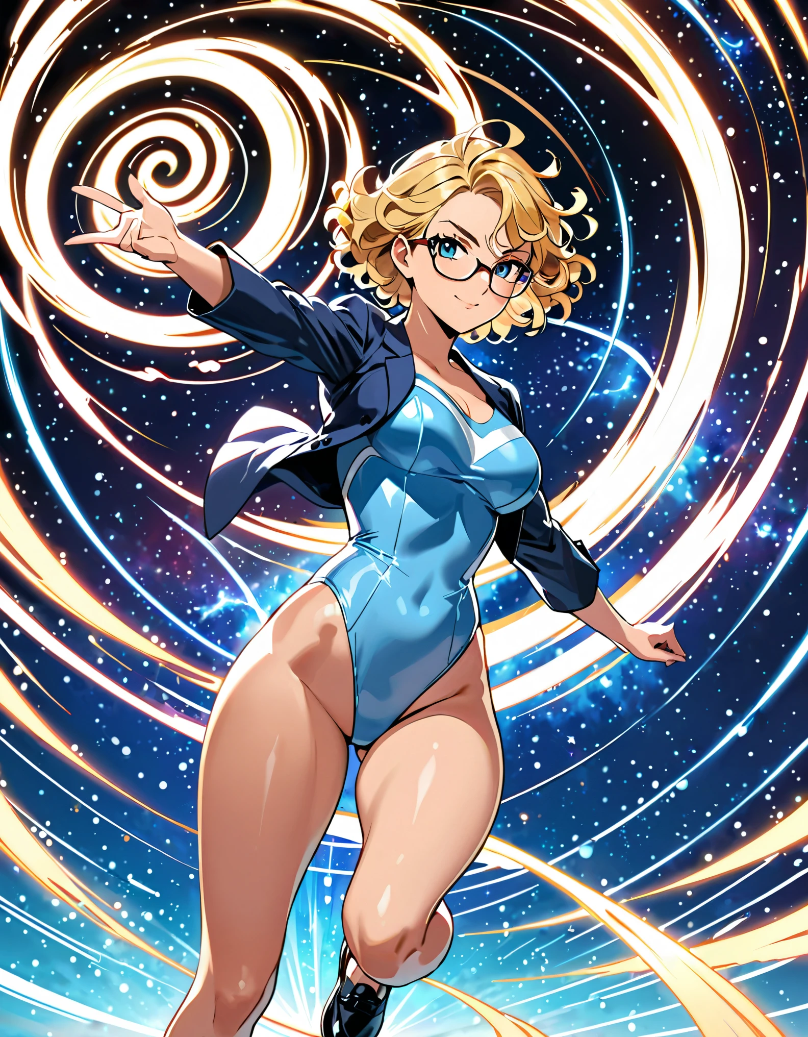 (masterpiece), (best quality), (high res), 1girl, medium breasts, ((leotard, light blue leotard)), dark blue suit jacket, open jacket, white shirt, bare legs, glasses, black shoes, solo, single, rear view, full body shot, cowboy shot, superhero, beautiful detailed eyes, beautiful detailed face, blonde hair, (short hair), wavy hair, mature lady, teacher, perfect body, space backdrop, (fast spin, dynamic whirlpose, spins fast in place like a tornado, whirls fast in place like a tornado, tornado whirling, spiral lines around her, speed lines around her, spinning energy pulse around her, storm winds around her, whirls into a tornado, (she whirls) at (super speeds)). full body costume design. curved sword slash. she super-spins, whirlwind, light particles.