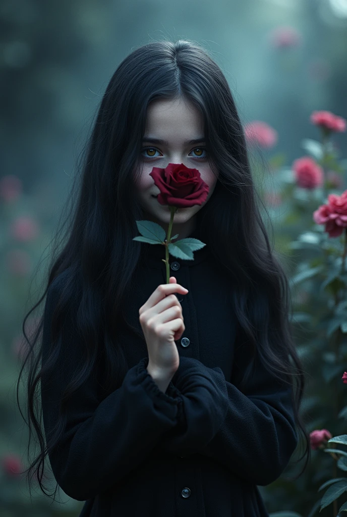 Girl with black rose hiding face with a smile