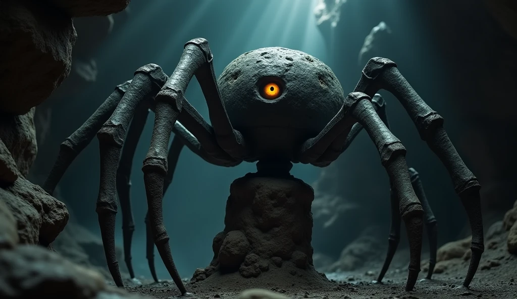 An ancient spider/crab statue in a pillar. It has only one eye, a human eye. It is made entirely of stone. It is dark. Very dark
