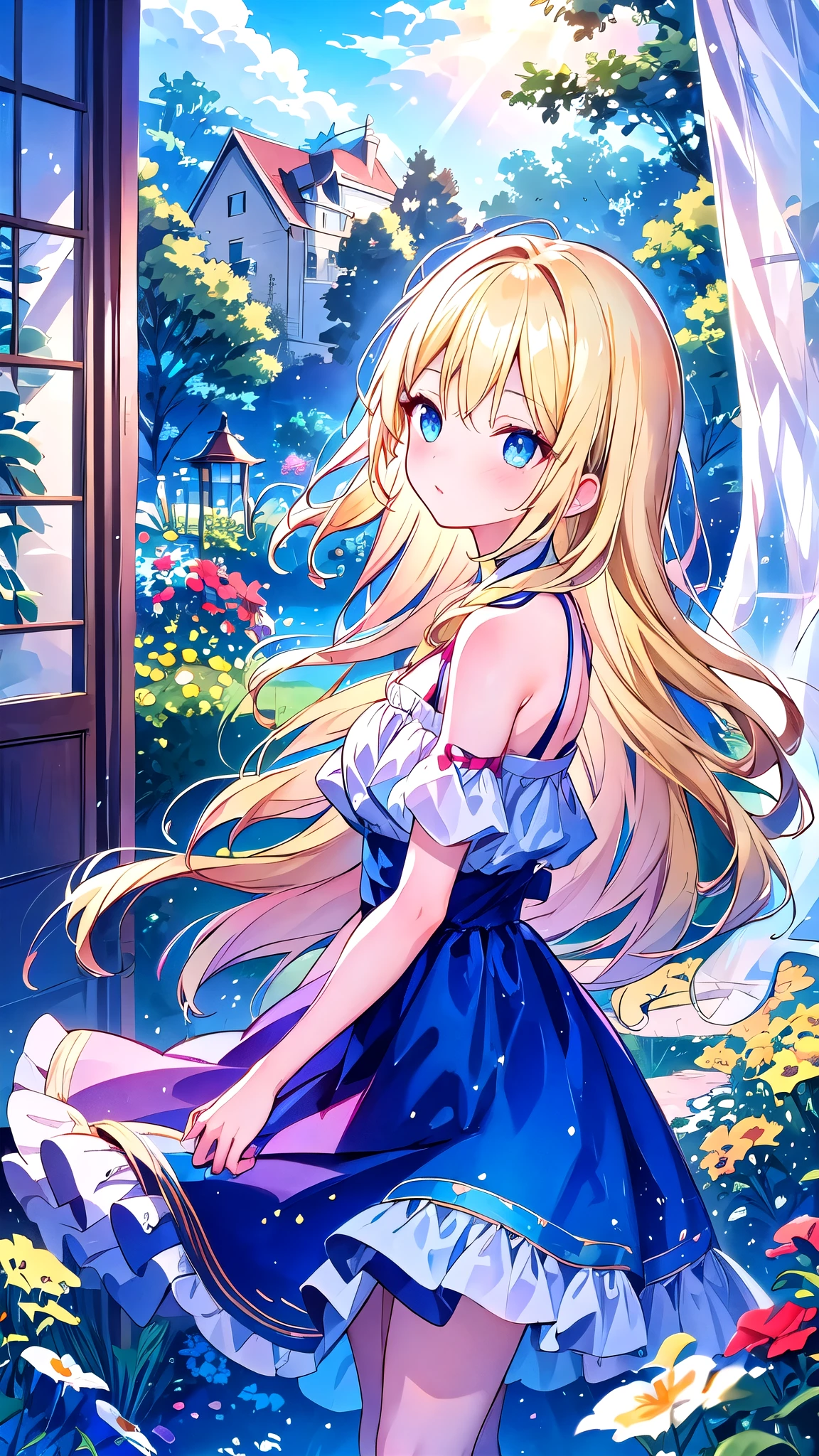 cute, Open shoulder, Lace skirt, Blonde, From the side, Long Hair, look up, Disheveled Hair, window, curtain, sunlight, Shiny Hair, blue eyes, Curie, garden, Are standing