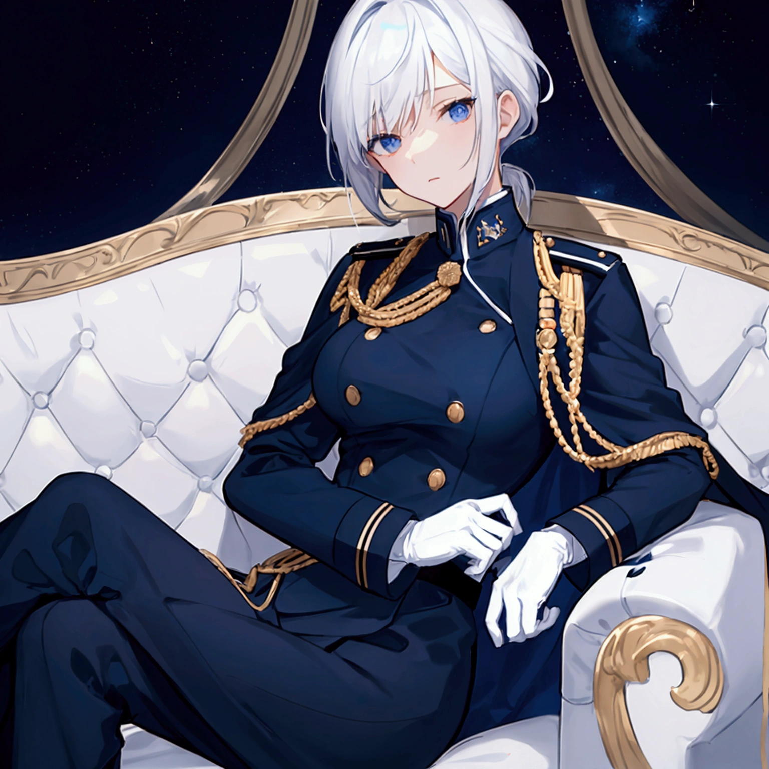 Night sky background, night time, Military uniform, dark blue uniform, white cape, white glove, 1woman, solo, white hair, high collar, tied hair, shining hair, medium-large breast, sitting on couch, facing viewer, arrogant,