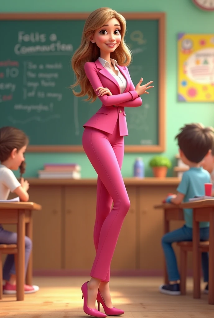 Disney Pixar type image of a tall teacher, slim, white tea, light brown hair with blonde highlights, very short, big brown eyes, with pink suit and white shirt, pink high heel shoes 