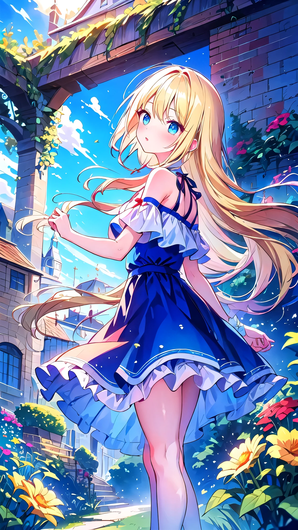 cute, Open shoulder, Lace skirt, Blonde, From the side, Long Hair, look up, Disheveled Hair, window, curtain, sunlight, Shiny Hair, blue eyes, Curie, garden, Are standing