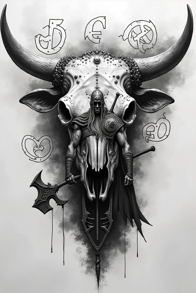 Create a black and white pointillism tattoo of a Viking cow skull with a Viking warrior in pointillism with runes and medieval weapons