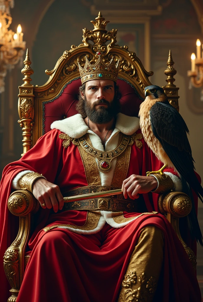 Imposing, strong, and handsome emperor with European features wearing a crown and holding a scepter sitting on a throne with a falcon. 