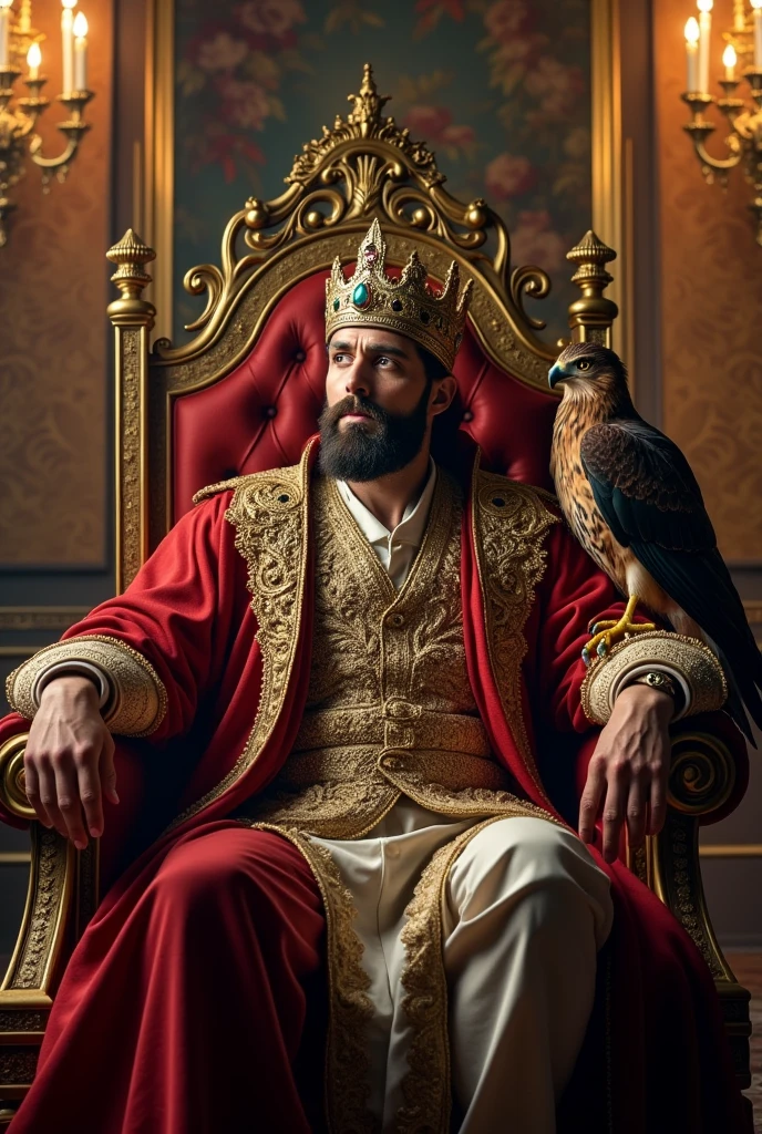 Imposing, strong, and handsome emperor with European features wearing a crown and holding a scepter sitting on a throne with a falcon.