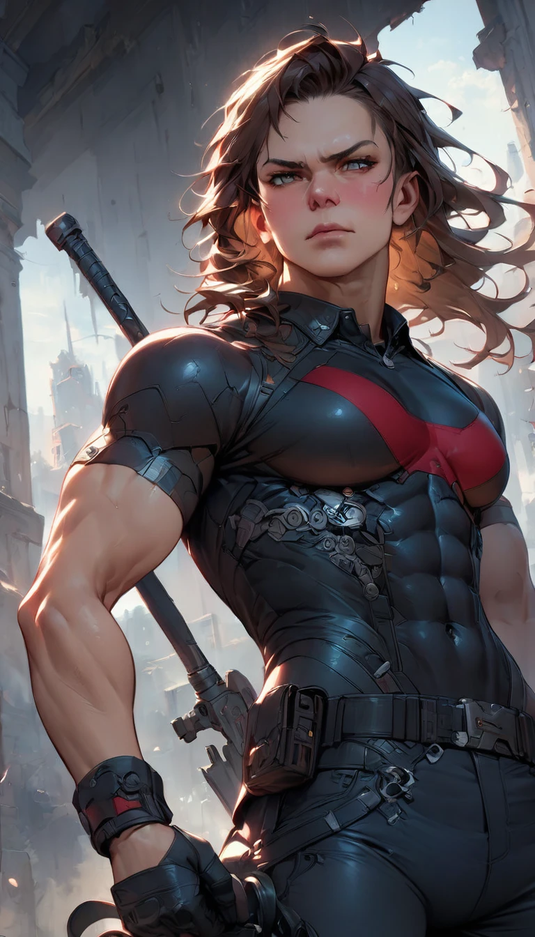 best quality,4k,8k,highres,masterpiece:1.2),ultra-detailed, extremely detailed eyes, extremely detailed body, (large masterpiece digital art), (detailed manga illustration), (detailed line art), ((perfect anatomy)), (intricate details:1.3), (ultra-detailed:1.3), (illustration:1.3), (sharp focus:1.3), (natural lighting:1.05), (vivid colors:1.3), (masterpiece), (best quality:1.4), (perfect anatomy:1.4), high quality, expressive eyes, full body, detailed face, beautiful face, perfect face, (((1boy))), angry, (((male focus))), muscular, detailed messy hair, long hair, brown hair, blue eyes, t-shirt, jean pants, sneakers, cinematic lighting, dramatic atmosphere, Atey Ghailan, Jeremy Mann, Greg Manchess, Antonio Moro, trend in ArtStation, trend in CGSociety, Intricate, High Detail, Sharp focus, dramatic and photorealistic painting art by Midjourney and Greg Rutkowski, Jeff Bridges, ((cartoon style)), Marvel Cinematic Universe style, (((ruined city in the background))),
