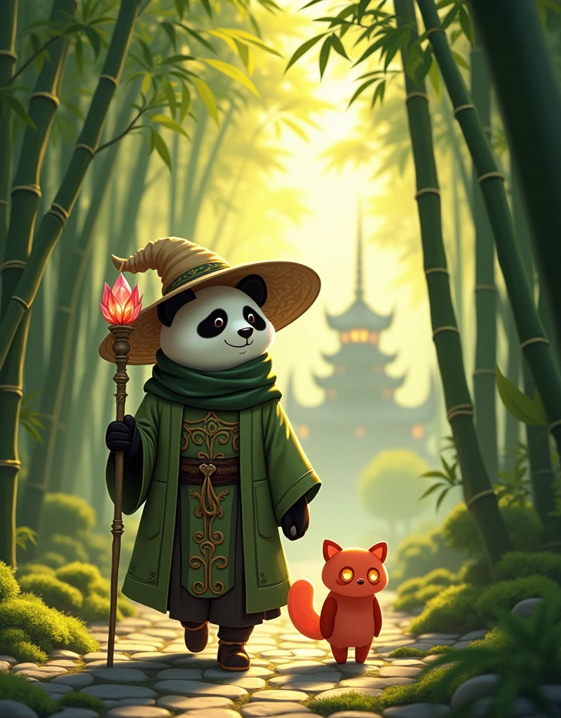 Studio Ghibli style, gentle panda mage walks through serene bamboo forest, sunlight dapples through tall slender stalks casting intricate shadows on the mossy cobblestone road, temple silhouettes in the distance, the panda wears ornate robe of earthy green, a worn straw hat, holding magic wooden staff with crystal lotus on top, floating red panda ghost with glowing amber eyes nearby.