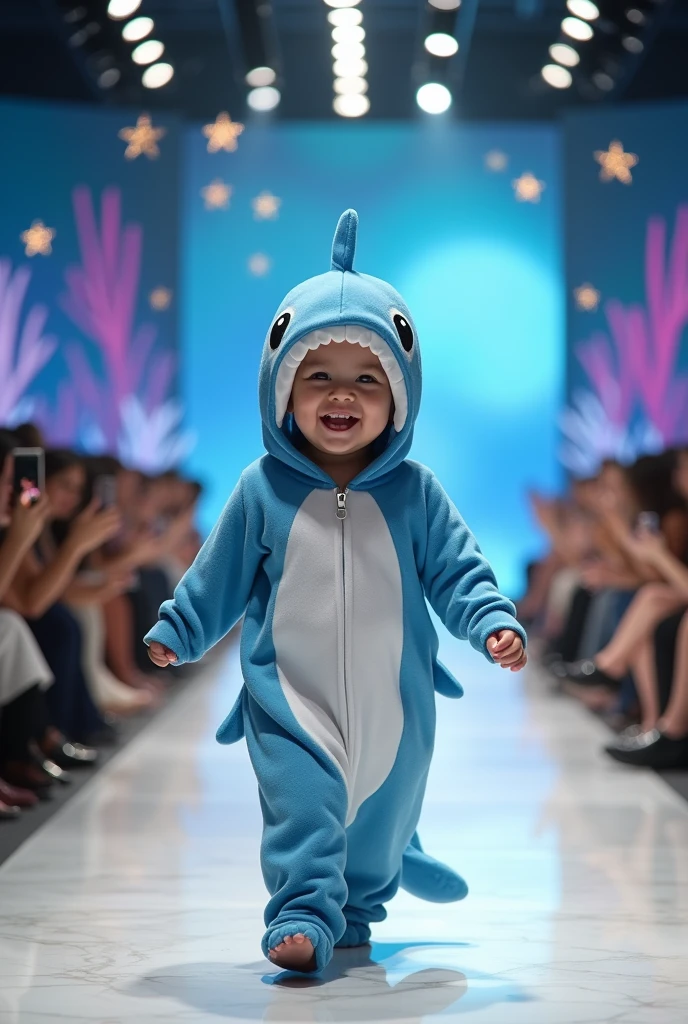 Cute  with a very big head funny wearing a blue whale costume in a realistic full body fashion show