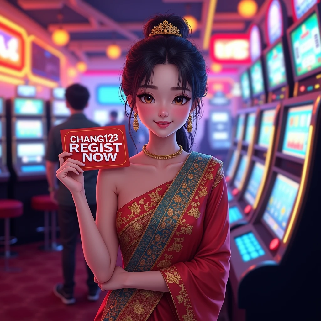 a beautiful thailand woman holding up a sign "CHANG123 REGIST NOW", joyful, happy, Anime illustration, photorealistic, oil painting, casino background, wearing thailand traditional dress, RealCartoon, medium breast cleavage, Standing, Colourfull, Neon Light