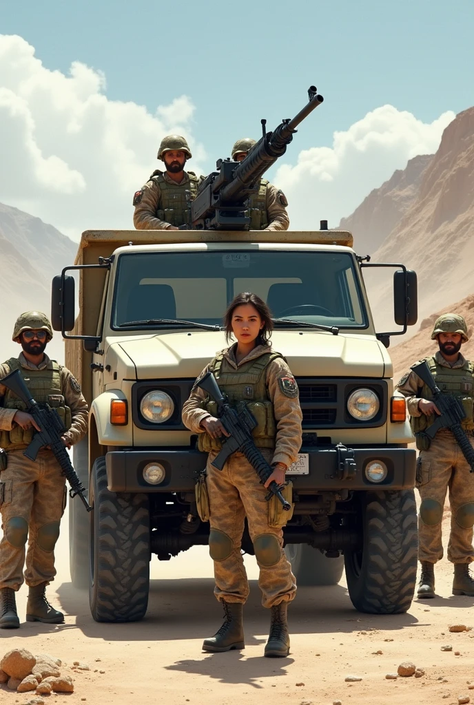 Design by Akira Toriyama、スズキ軽truck with gun on back, Afghan soldiers, French Special Forces, Heavily armed, Taliban, Kurdish soldiers, Heavy Armor, Military Vehicles, Military weapons, Military equipment, truck, Camouflage, special forces security, modern Military equipment, Portable Rifle, with guns on their shoulders, gun posing in front of truck A female soldier, ((masterpiece, Highest quality, Best image quality, High resolution, Realistic, RAW Photos, 8k)), ((Highly detailed CG synthesis 8k wallpaper)),