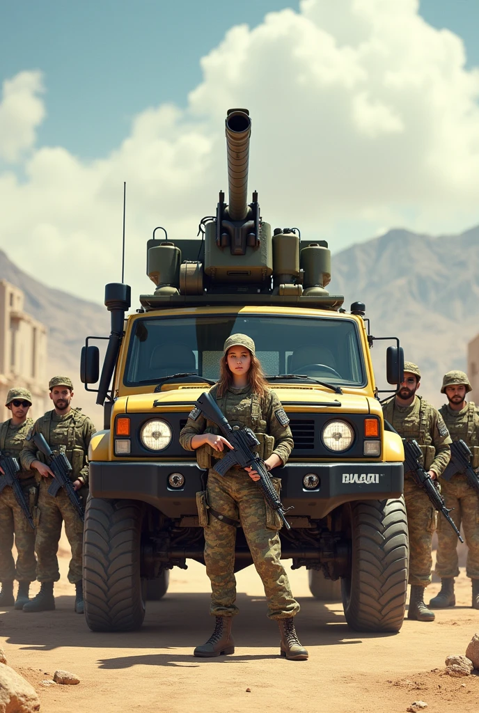 Design by Akira Toriyama、スズキ軽truck with gun on back, Afghan soldiers, French Special Forces, Heavily armed, Taliban, Kurdish soldiers, Heavy Armor, Military Vehicles, Military weapons, Military equipment, truck, Camouflage, special forces security, modern Military equipment, Portable Rifle, with guns on their shoulders, gun posing in front of truck A female soldier, ((masterpiece, Highest quality, Best image quality, High resolution, Realistic, RAW Photos, 8k)), ((Highly detailed CG synthesis 8k wallpaper)),