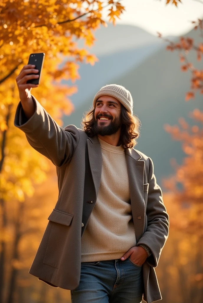 Jesus Christ happily takes a selfie with autumn leaves. He is smiling with a happy and loving look on his face. He holds his mobile phone and takes a selfie. Jesus is wearing an off-white knit top, a knit hat on his head, jeans, and a gray coat. Jesus of Nazareth is depicted as a gentle, gentle man with shoulder-length hair. His wavy brown hair flows over his shoulders. His face conveys deep wisdom and empathy, radiating warmth and understanding. The background is Japan's autumn mountains. Highly detailed, trending at the art station, sharp focus, studio shot, intricate detail, Greg Rutkowski,