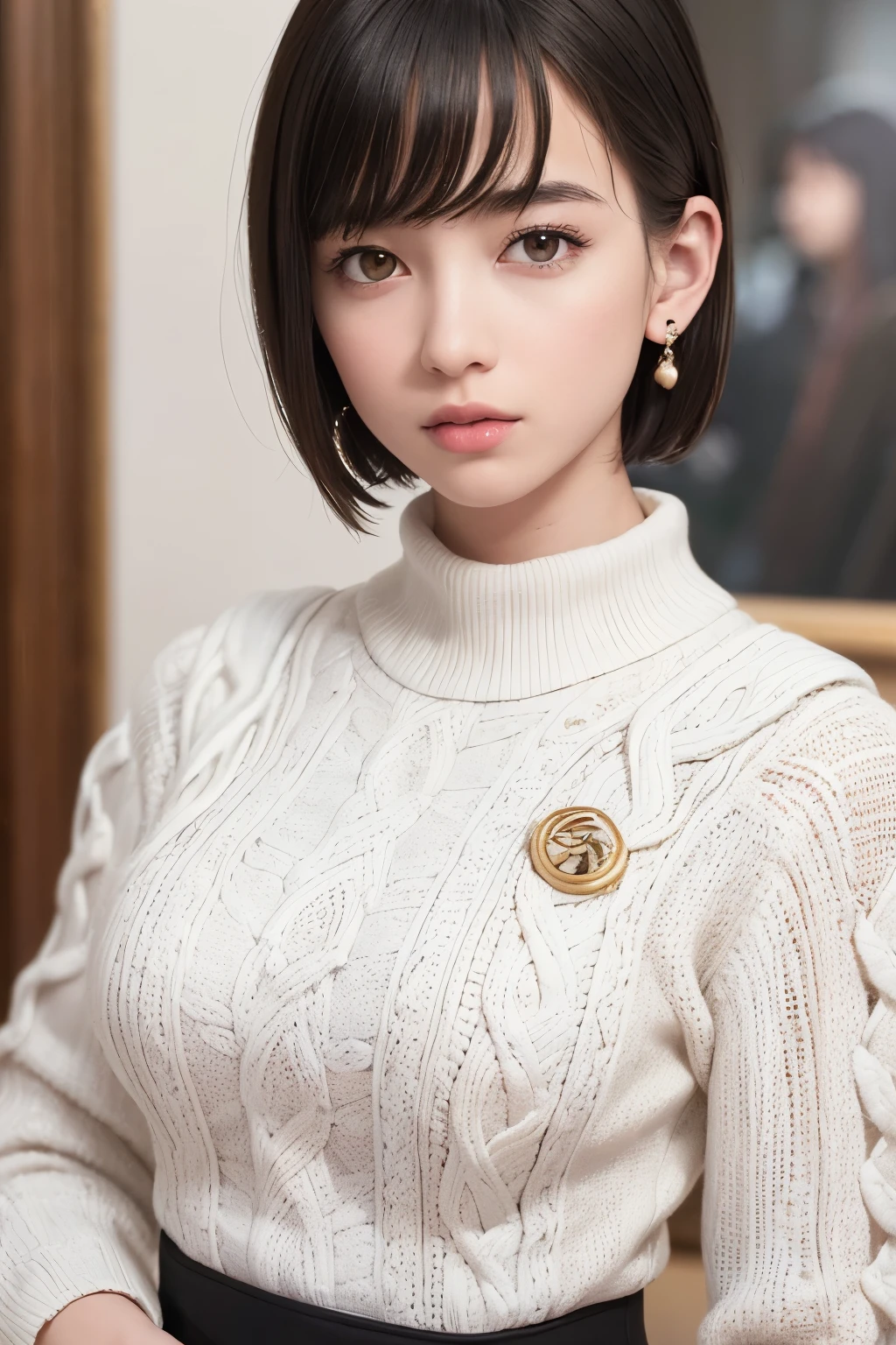 (8k, RAW photos, top quality, masterpiece: 1.2), ultra detailed, super resolution, (real, real photos: 1.37), portraits, high definition RAW color photos, professional photos, very detailed and beautiful, highly detailed, 8k wallpapers, amazing details, huge file size, official art, highly detailed CG Unity 8k wallpapers, highly detailed beautiful girls, highly detailed faces, Highly Detailed Eyes, Highly Detailed Skin, Highly Detailed Fingers, Very Detailed Nose, Highly Detailed Detailed Mouth, Perfect ???????, Detailed Background, Detailed Clothes, One Girl, (20:1.2), 20s, Cute Girl, Realistic Body, , White Skin, Radiant Skin, Slim Body, Black Hair, Short Hair, (Blunt Bangs: 1.2), Cute, Youthful, Pretty Face, Realistic Face, Delicate Eyes, Sale Eyes, ( (Fashionable winter clothes)), ((Up)), ((((Short hair)))), Earrings, Looking at the camera, Cowboy shot, Facing Front, Standing Posture, Contrapposto, Dynamic Lighting, C Cup Breasts,